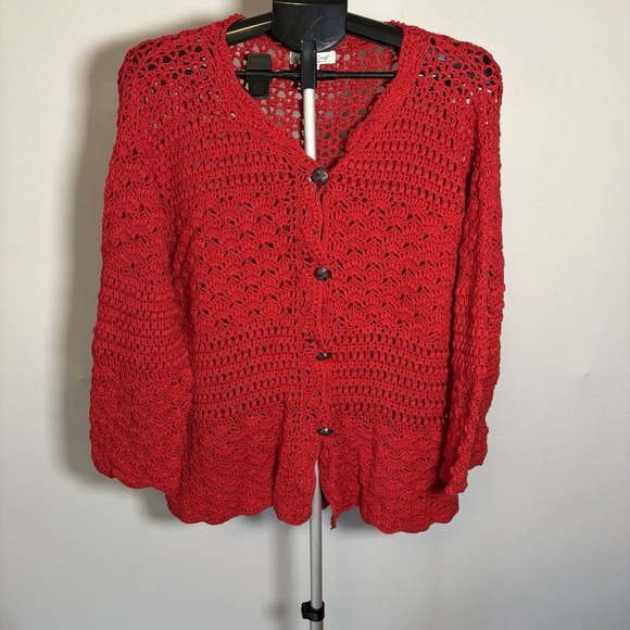 Coldwater Creek Sweaters - VTG 1X Red Crochet Open Knit 3/4 Sleeve Cottage Cardigan Button Grandma 90s Y2K